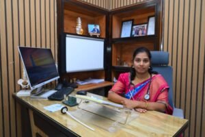 Dr. Lakshmi Mrudula V at her consultation desk
